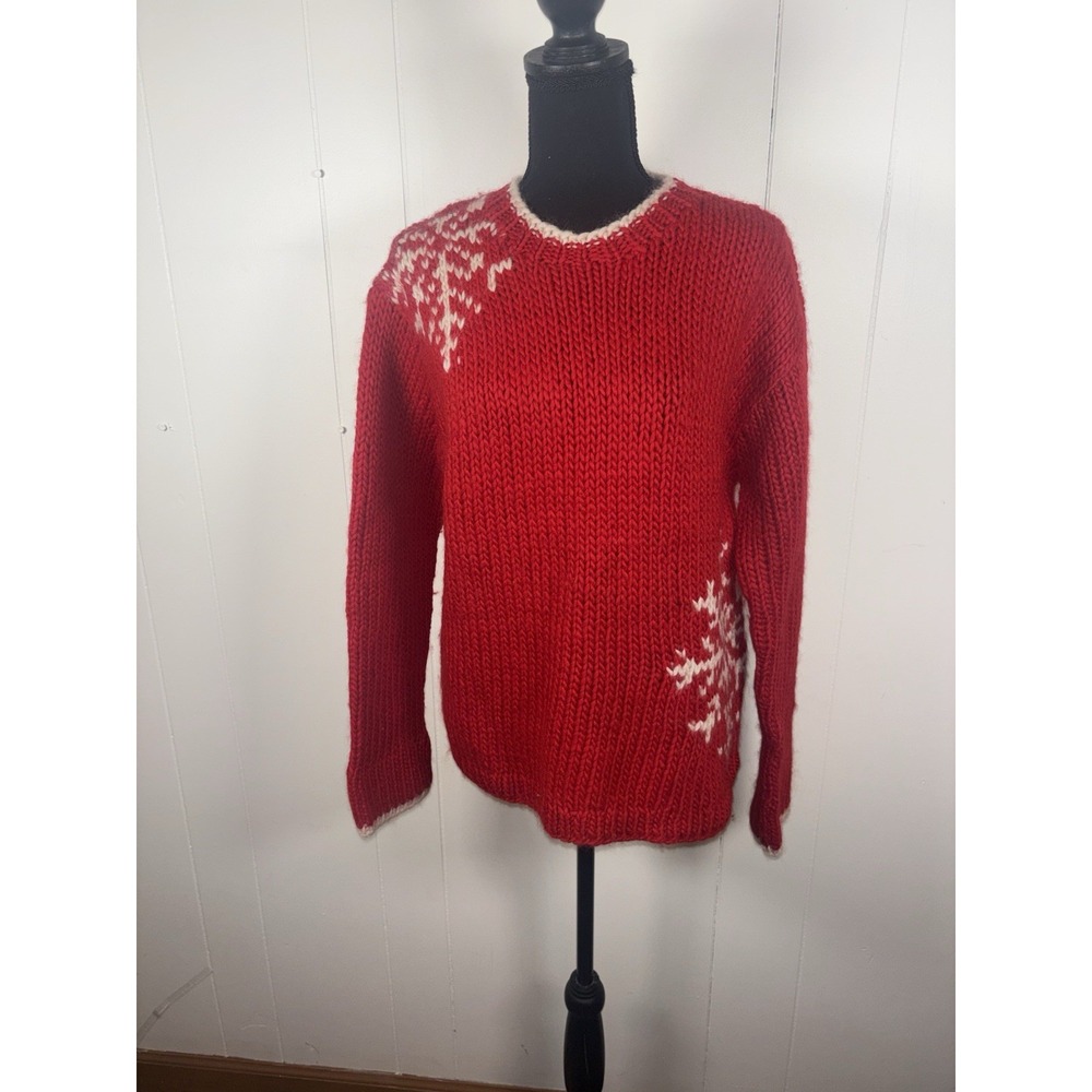 j crew wool hand knit sweater red snowflake chunky knit m oversized